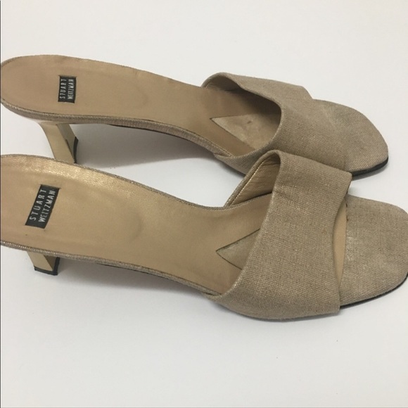 Stuart Weitzman size 10 muted gold /tan metallic gold linen look slides like new - Picture 5 of 14